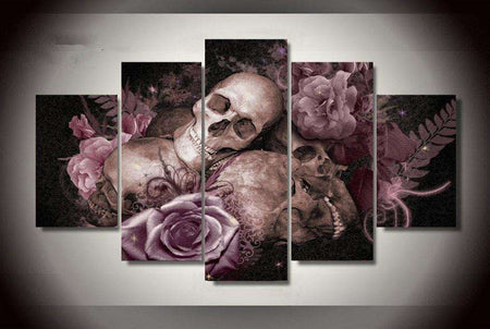 Déco murale 5 toiles tête de mort et fleurs en canvas imprimé